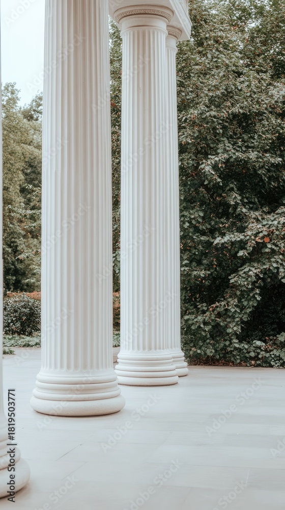 Naklejka premium Classical architecture featuring tall white columns surrounded by lush greenery in an outdoor setting during daylight