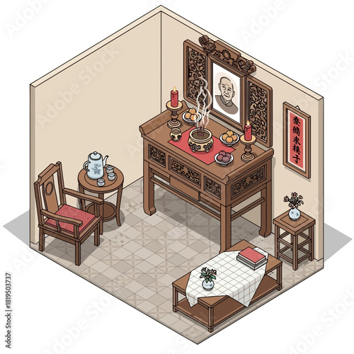 Solemn Ancestral Altar in Traditional East Asian Home, Isometric View