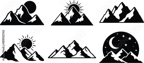 Mountain landscape vector icons with sun and moon silhouettes in black and white design elements 