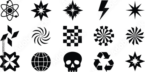 Collection of science and nature black icons including atom skull and recycling symbols vector illustration 