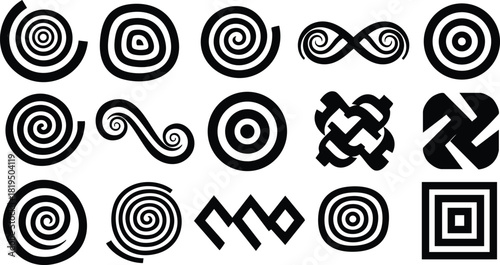 Set of black spirals and abstract geometric symbols for design and decoration in vector format 