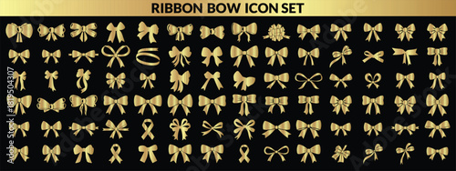 Ribbon bow icon set, vector coquettish cute knot, romantic love doodle vintage accessory collection. Holiday gift decoration silhouette, birthday elegant design element. Feminine Valentine ribbon bow 
