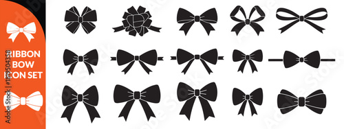Ribbon bow icon set, vector coquettish cute knot, romantic love doodle vintage accessory collection. Holiday gift decoration silhouette, birthday elegant design element. Feminine Valentine ribbon bow 