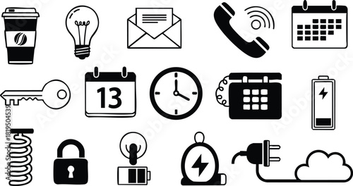 Business and communication icons set with calendar clock phone and battery symbols in black vector illustration 