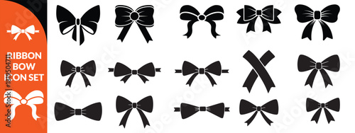 Ribbon bow icon set, vector coquettish cute knot, romantic love doodle vintage accessory collection. Holiday gift decoration silhouette, birthday elegant design element. Feminine Valentine ribbon bow 