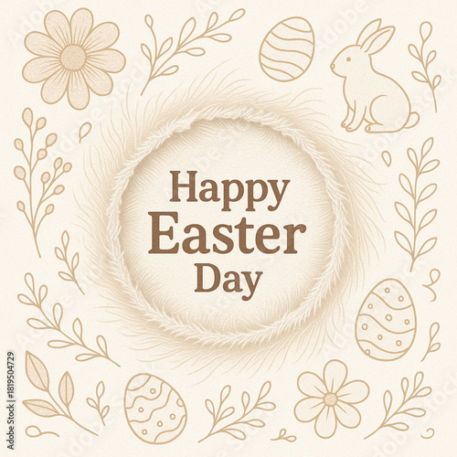 Detailed vector scene with central torn fabric circle exposing Happy Easter Day surrounded by soft fiber textures gentle spring motifs minimalist decorative contours pure white canvas
