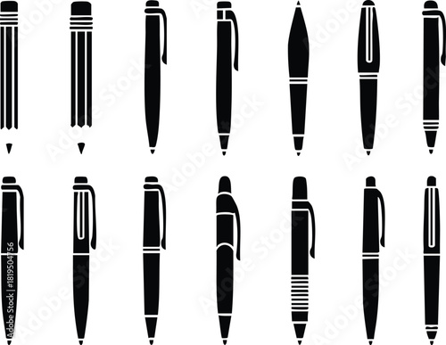 Various black silhouette pen types and styles vector collection in simple design for office and writing use 