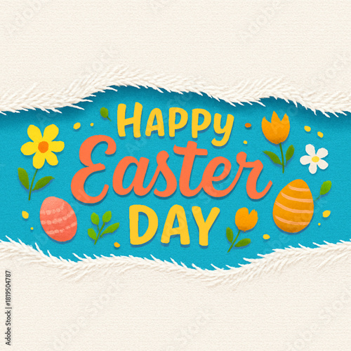 Crisp vector artwork showing wide horizontal tear in fabric exposing colorful Happy Easter Day greeting with textured fibers soft gradients scattered spring elements bright white backdrop