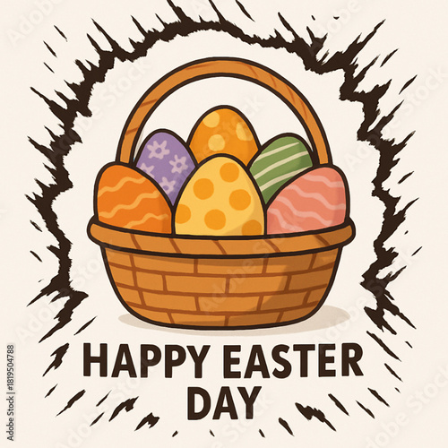 Happy Easter Day composition with basket of eggs framed by dynamic torn vector texture white background crisp flat illustration
