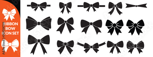Ribbon bow icon set, vector coquettish cute knot, romantic love doodle vintage accessory collection. Holiday gift decoration silhouette, birthday elegant design element. Feminine Valentine ribbon bow 