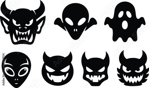 Set of scary black and white monster and ghost faces vector illustrations for Halloween and horror themed designs 
