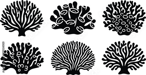 Black coral reef silhouettes vector set for marine life and ocean environment illustration graphic design 
