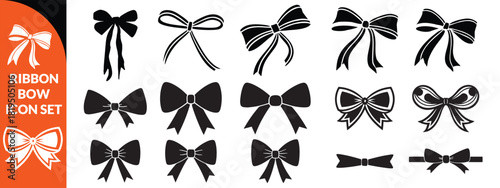Ribbon bow icon set, vector coquettish cute knot, romantic love doodle vintage accessory collection. Holiday gift decoration silhouette, birthday elegant design element. Feminine Valentine ribbon bow 
