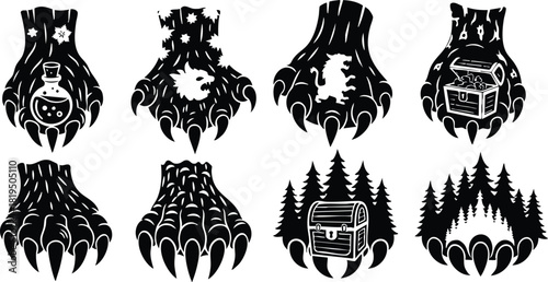 Bear claw silhouette with forest and treasure chest elements vector illustration for nature and adventure design 
