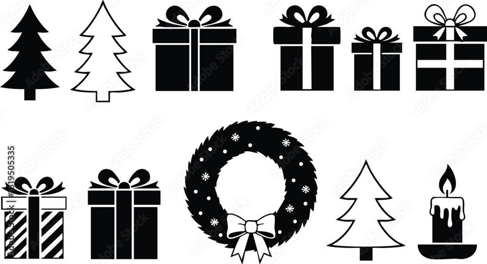 Fototapeta premium Christmas holiday decorations set including tree, gift boxes, wreath, and candle in black and white vector illustration 