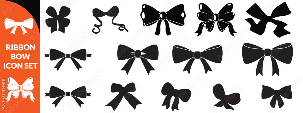 Fototapeta premium Ribbon bow icon set, vector coquettish cute knot, romantic love doodle vintage accessory collection. Holiday gift decoration silhouette, birthday elegant design element. Feminine Valentine ribbon bow 