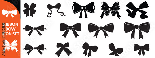 Ribbon bow icon set, vector coquettish cute knot, romantic love doodle vintage accessory collection. Holiday gift decoration silhouette, birthday elegant design element. Feminine Valentine ribbon bow 