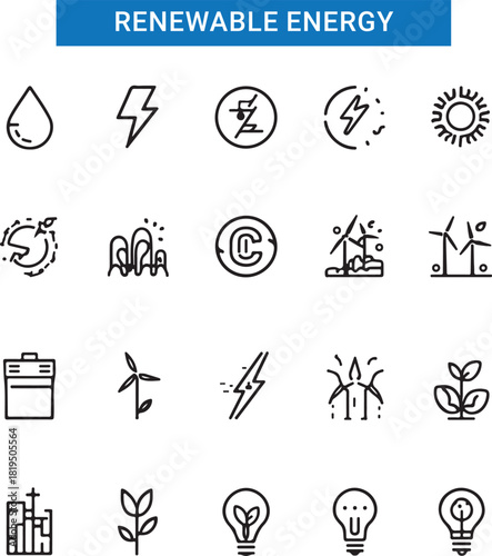 Set of outline icons related to green, renewable energy, alternative sources energy. Eco icon collection.
