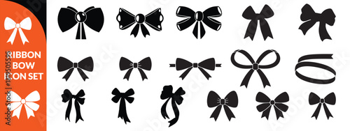 Ribbon bow icon set, vector coquettish cute knot, romantic love doodle vintage accessory collection. Holiday gift decoration silhouette, birthday elegant design element. Feminine Valentine ribbon bow 