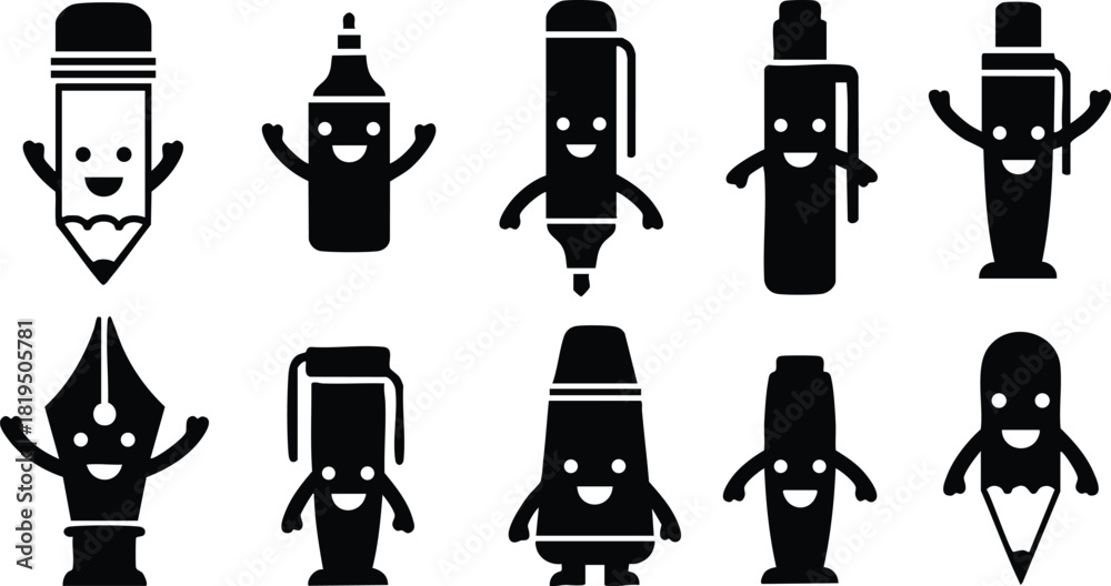 Naklejka premium Cute smiling pen and marker characters with various shapes and hats vector illustration 