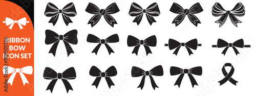 Ribbon bow icon set, vector coquettish cute knot, romantic love doodle vintage accessory collection. Holiday gift decoration silhouette, birthday elegant design element. Feminine Valentine ribbon bow 