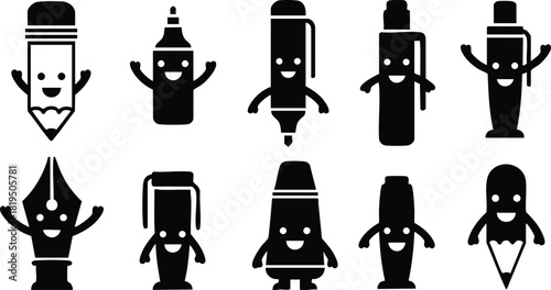 Cute smiling pen and marker characters with various shapes and hats vector illustration 