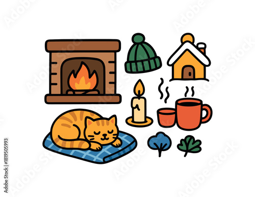 Cute doodle cozy winter home collection flat vector illustration bold handdrawn outlines bright solid fills isolated on white clean white space sticker style minimal detail cat sleeping on