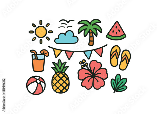 Cute doodle summer holidays collection flat vector illustration bold handdrawn outlines bright solid fills isolated on white clean white space sticker style minimal detail tropical party