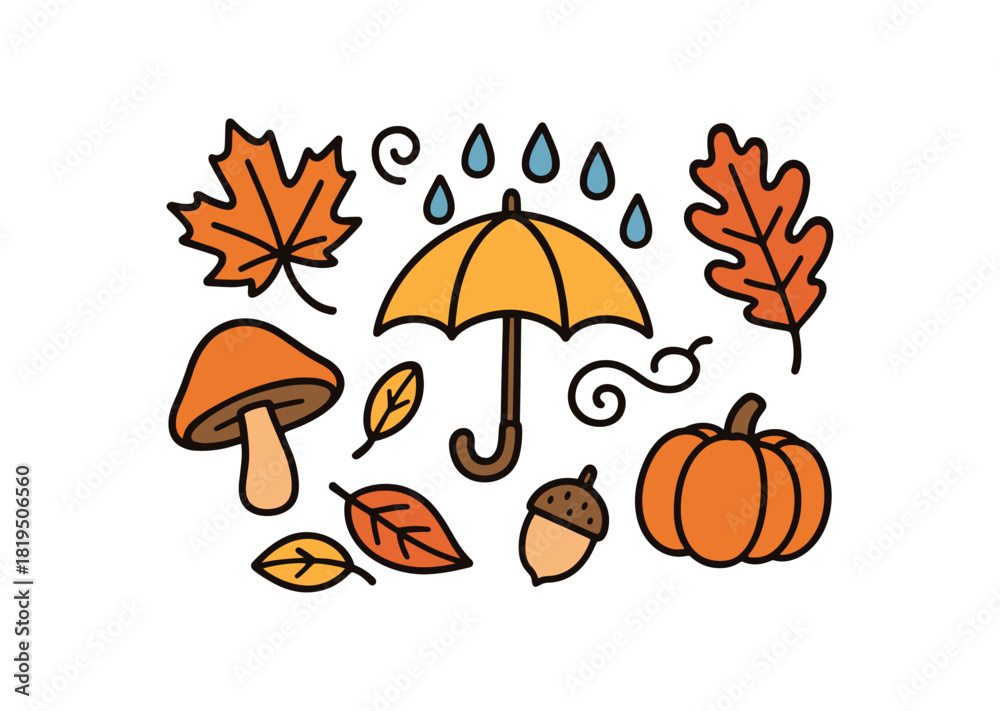 Fototapeta premium Cute doodle autumn collection flat vector illustration bold handdrawn outlines bright solid fills isolated on white clean white space sticker style minimal detail umbrella with raindrops