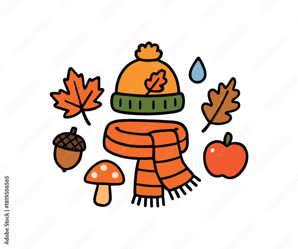 Fototapeta premium Cute doodle autumn collection flat vector illustration bold handdrawn outlines bright solid fills isolated on white clean white space sticker style minimal detail cozy scarf and beanie with