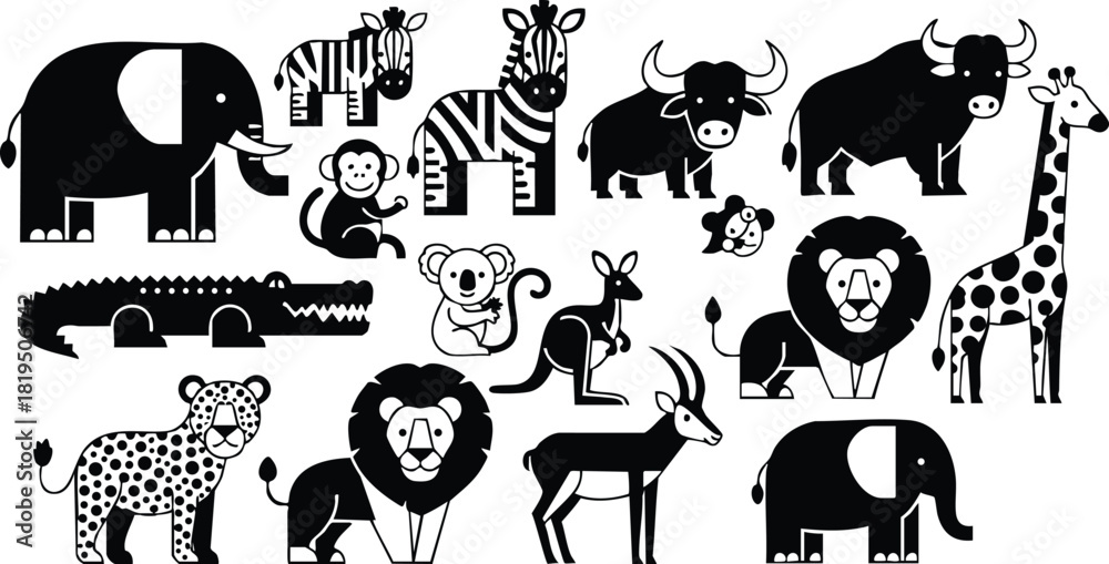 Naklejka premium Collection of African Animals Silhouettes Vector Illustration with Elephants Lions Giraffes and Zebras in Black and White
