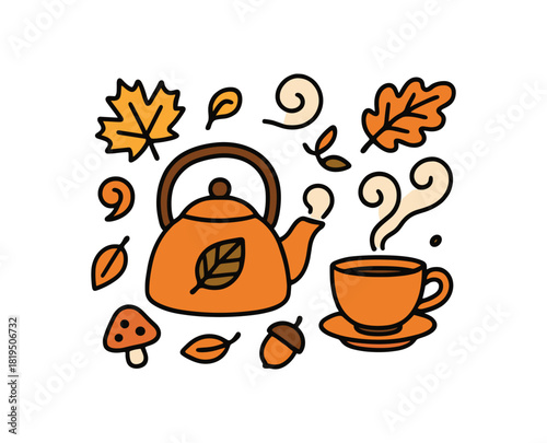 Cute doodle autumn collection flat vector illustration bold handdrawn outlines bright solid fills isolated on white clean white space sticker style minimal detail tea kettle and cup with