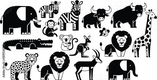Collection of African Animals Silhouettes Vector Illustration with Elephants Lions Giraffes and Zebras in Black and White 
