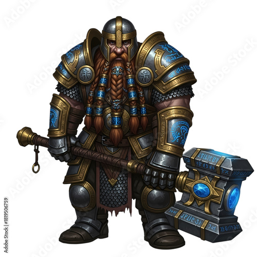 Fierce dwarf warrior stands ready for battle holding a glowing magical hammer on transparent background