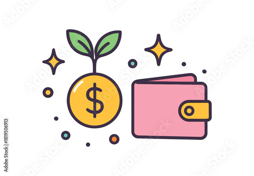 Finance fintech flat vector illustration collection of cute finance icons micro investing: coin to sprout wallet starbursts dots arranged horizontal composition handdrawn outlines bright