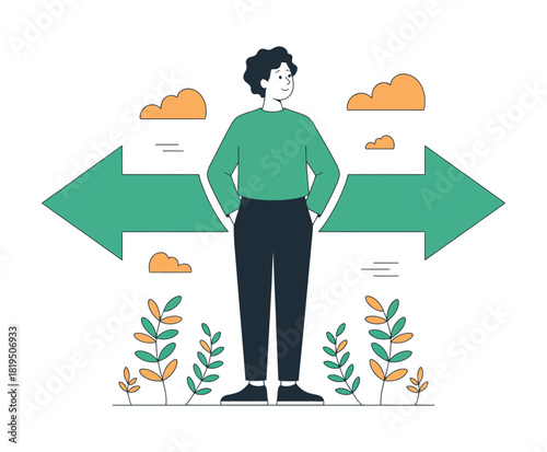 A person stands between two opposing arrows, symbolizing a choice or direction.