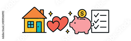 Finance fintech flat vector illustration collection of cute finance icons family budget: house hearts piggy bank list dots sparkles arranged horizontal composition handdrawn outlines bright