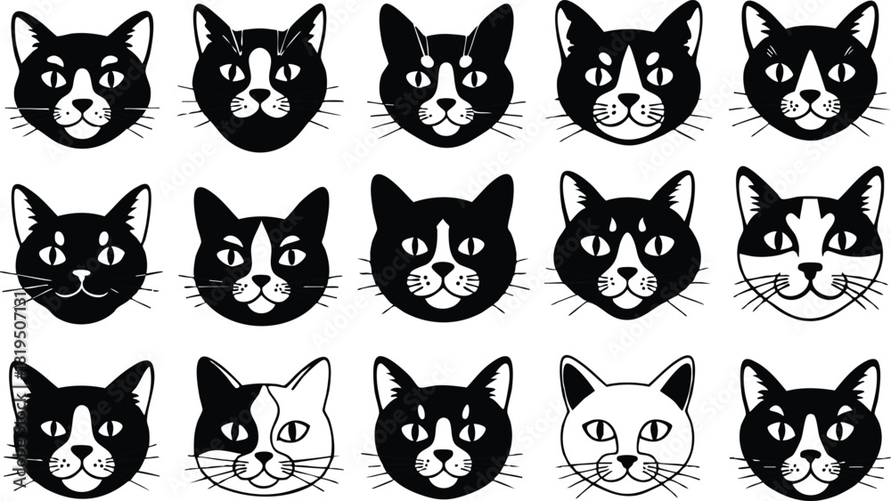 Obraz premium Cat faces collection vector set black and white illustration with various expressions and fur patterns for design projects 