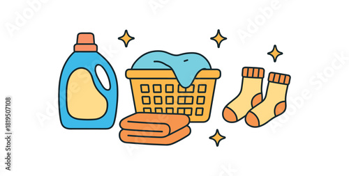 Home family planning flat vector illustration collection of cute home icons laundry: detergent bottle basket folded towel socks stars arranged horizontal composition handdrawn outlines