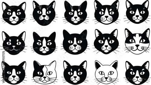 Cat faces collection vector set black and white illustration with various expressions and fur patterns for design projects 