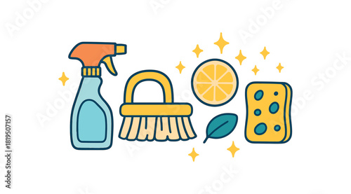 Home family planning flat vector illustration collection of cute home icons cleaning tools: spray brush sponge lemon slice sparkles arranged horizontal composition handdrawn outlines bright