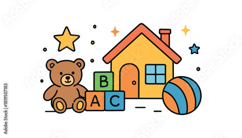 Home family planning flat vector illustration collection of cute home icons kids toys: teddy bear blocks ball stars spark dots arranged horizontal composition handdrawn outlines bright