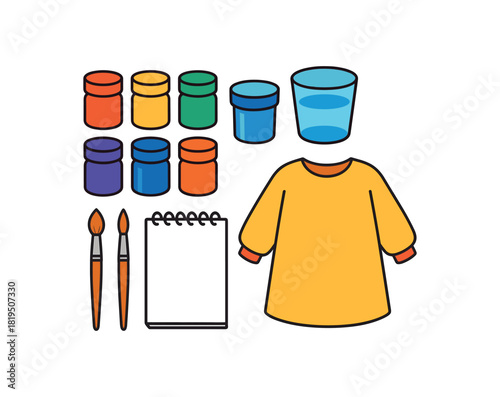 Flat vector kids painting starter: tempera paint jars round brushes water cup smock paper pad bright vibrant palette clean outlines minimal centered isolated on white no logos