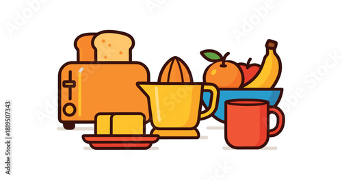 Flat vector weekend breakfast bar: toaster juicer fruit tray butter dish mug bright vibrant palette clean outlines minimal centered isolated on white no logos