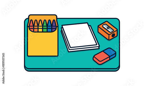 Flat vector crayons time: wax crayons box paper stack sharpener eraser desk mat bright vibrant palette clean outlines minimal centered isolated on white no logos