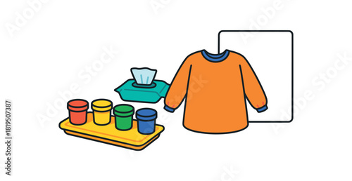 Flat vector finger painting kit: safe paint pots tray wipes pack smock big paper bright vibrant palette clean outlines minimal centered isolated on white no logos