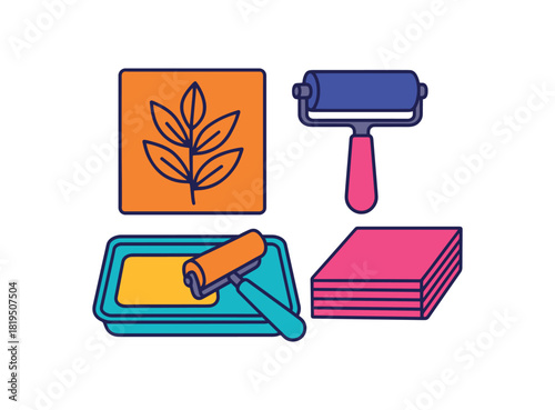 Flat vector printmaking basics: foam plate brayer ink tray roller paper stack bright vibrant palette clean outlines minimal centered isolated on white no logos