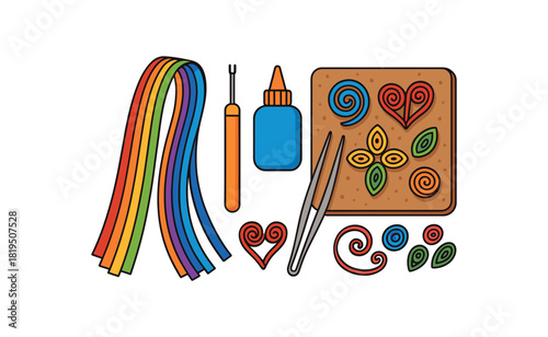 Flat vector paper quilling for kids: paper strips quilling tool glue tweezers cork board bright vibrant palette clean outlines minimal centered isolated on white no logos