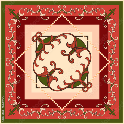 Ornate vintage floral seamless border, scarf pattern with decorative square design. Rich, classic style for vintage scarf and luxurious home decor
