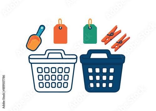 Flat vector laundry sorting: white basket dark basket label tags scoop clothespins bright vibrant palette clean outlines minimal centered isolated on white no logos